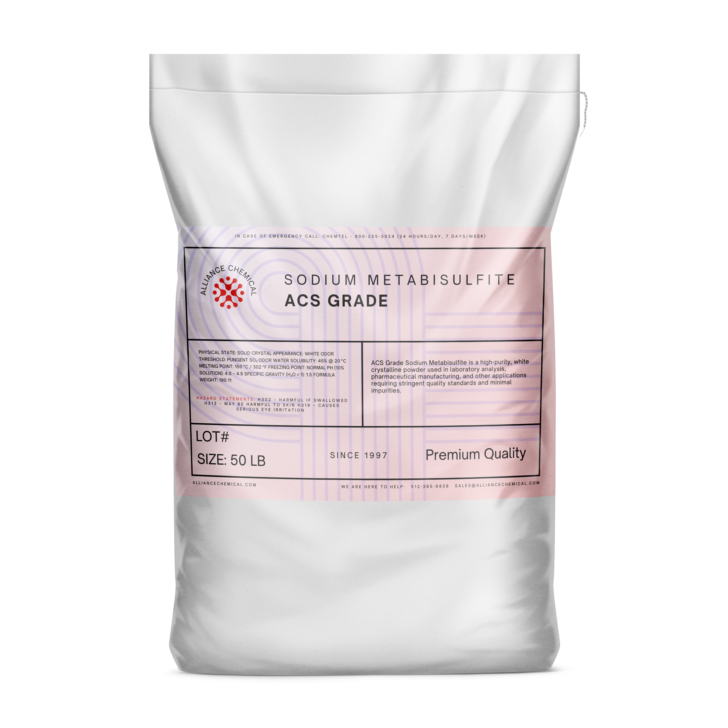 Alliance Chemical sodium metabisulfite ACS grade in 50-pound white plastic bag with safety markings